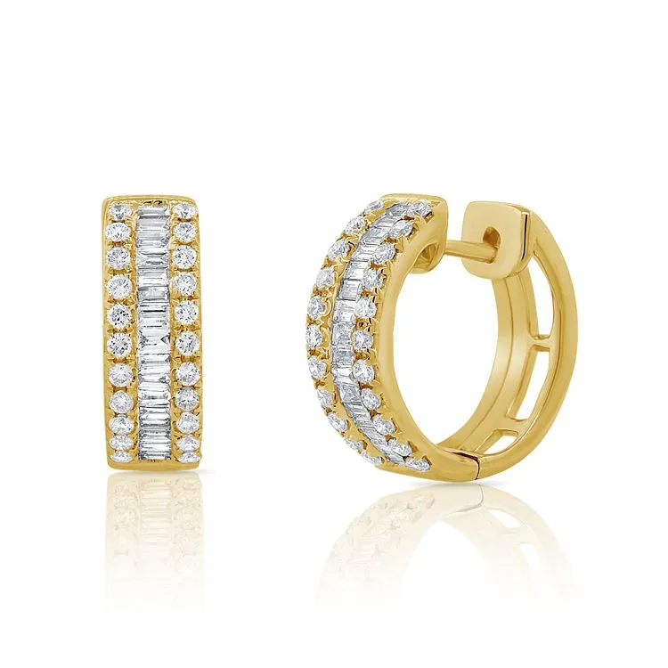 14k Gold 0.69Ct Diamond Huggie, 33 Baguette, 44 Round Diamonds, available in White, Rose and Yellow Gold