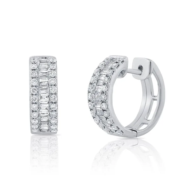 14k Gold 0.69Ct Diamond Huggie, 33 Baguette, 44 Round Diamonds, available in White, Rose and Yellow Gold