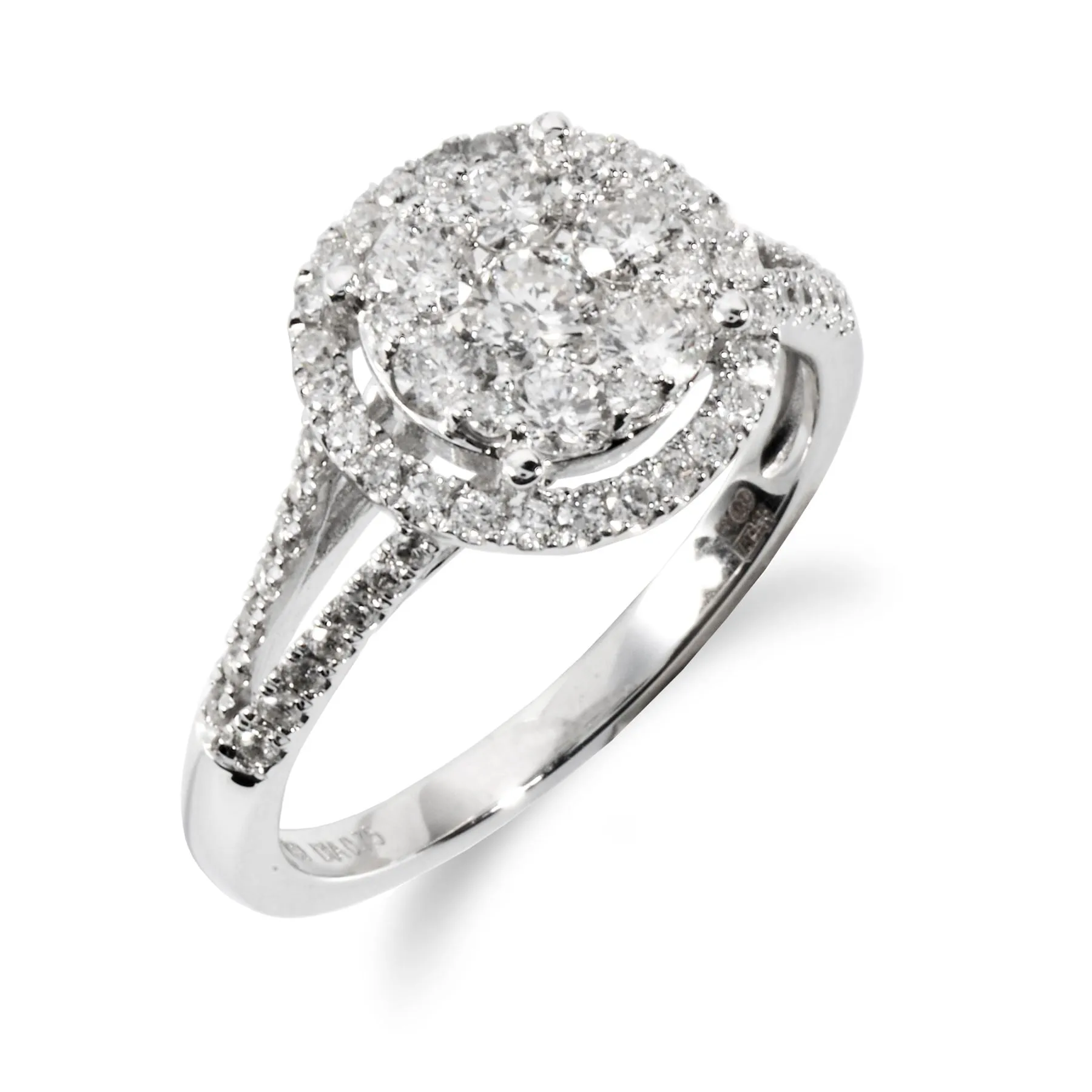 18ct Weiss Gold 0.75ct Geteilter Schaft Heiligenschein Haufen Ring