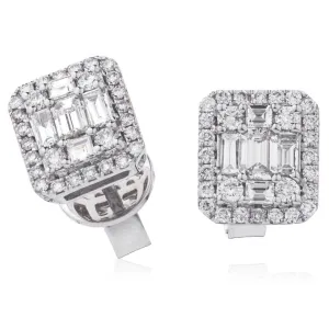 18ct White Gold 0.60ct Baguette Cut Diamond and Round Brilliant Cut Cluster Stud Earrings