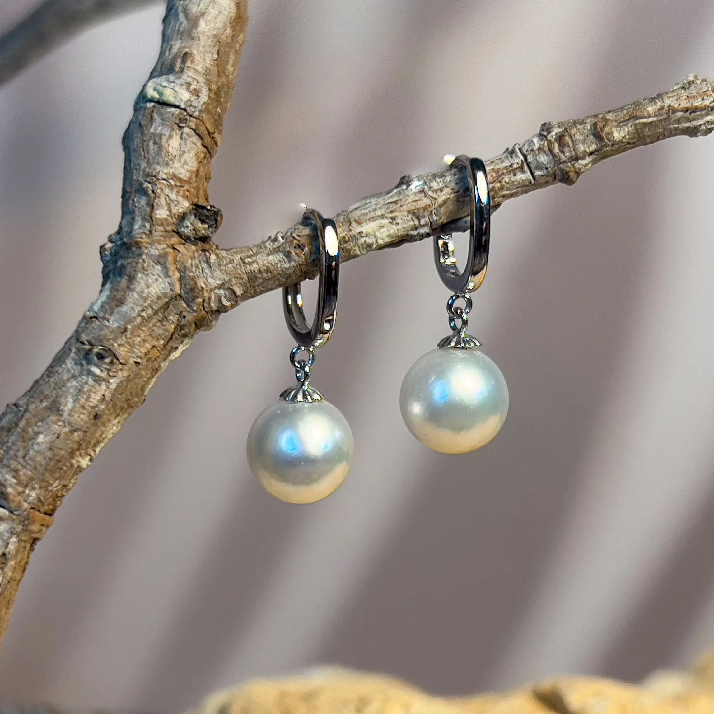 18kt White Gold dangling U-shape huggies with 8-8.5mm South Sea Pearls earrings