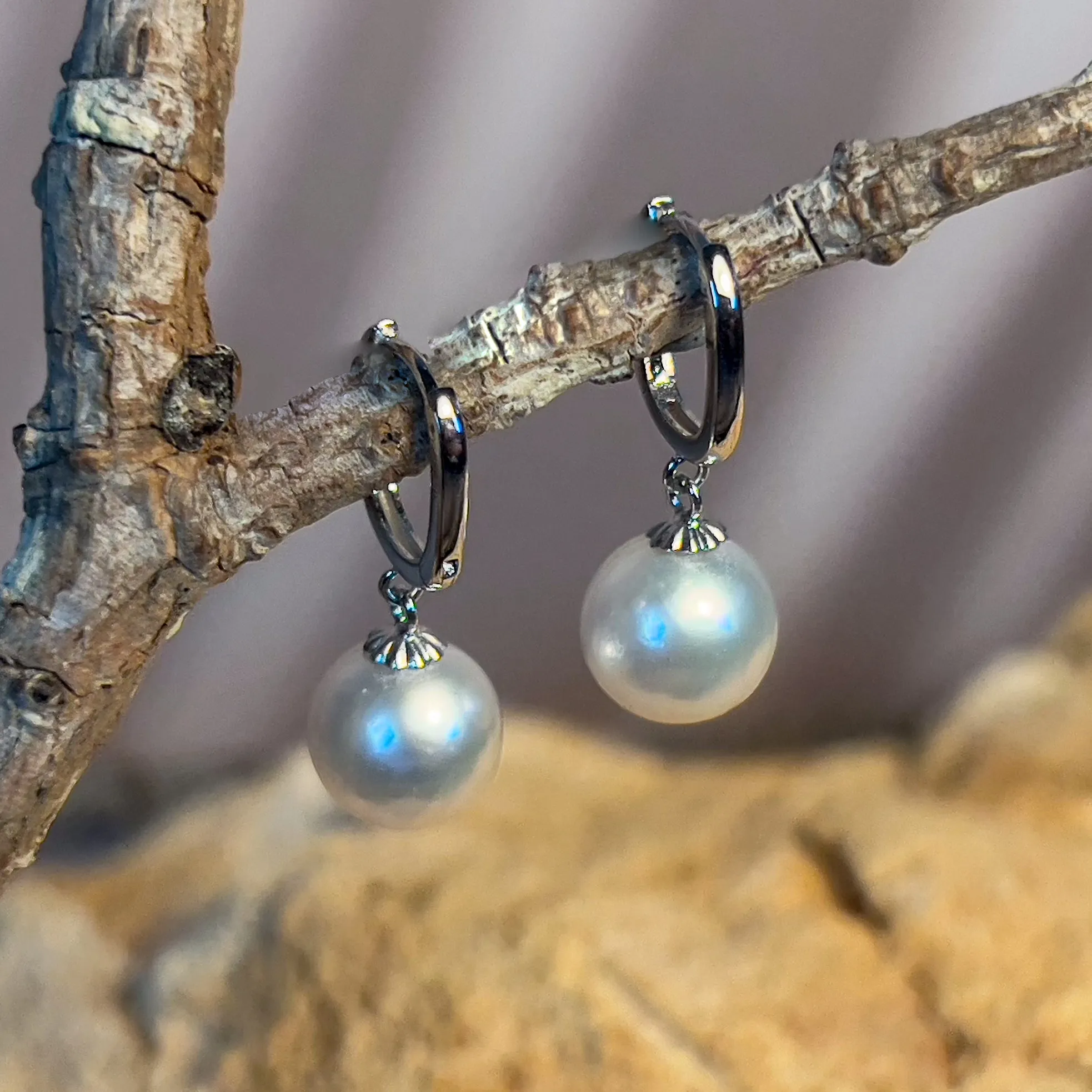 18kt White Gold dangling U-shape huggies with 8-8.5mm South Sea Pearls earrings