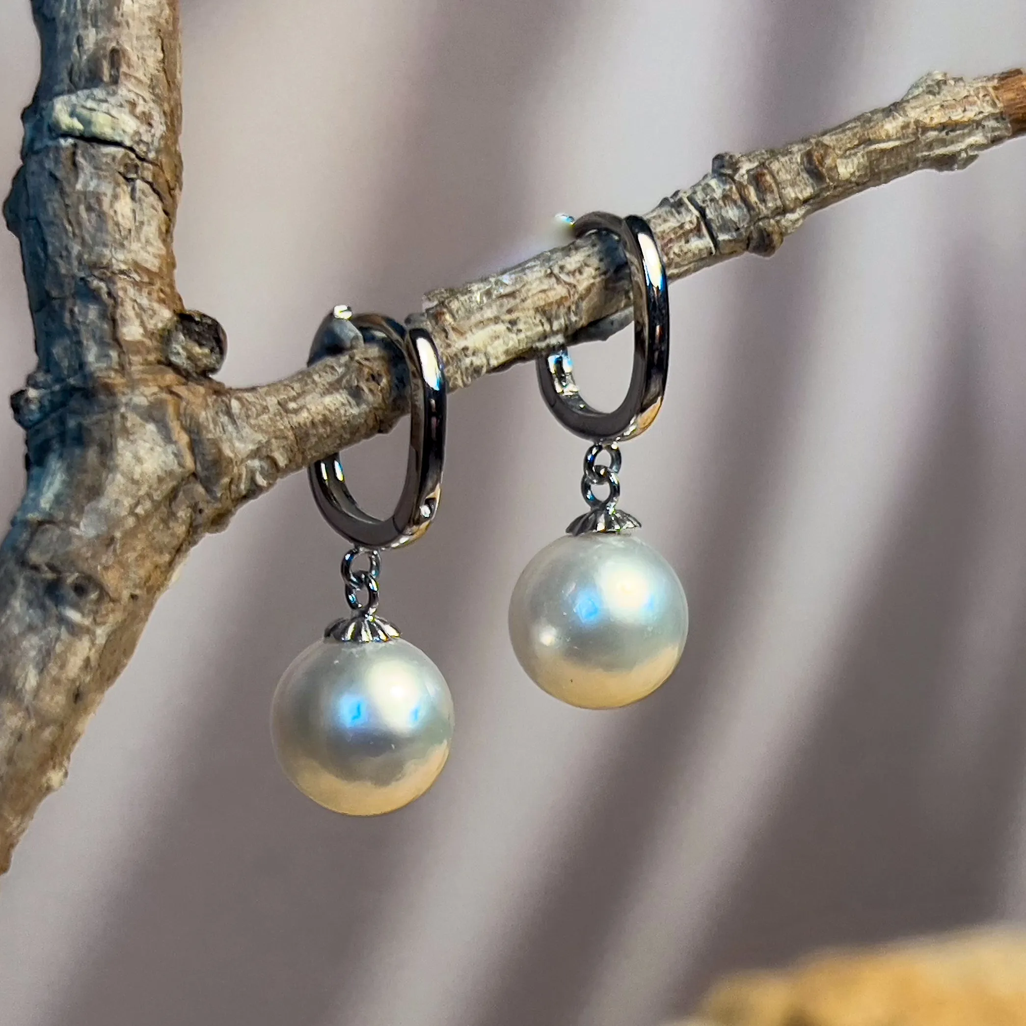 18kt White Gold dangling U-shape huggies with 8-8.5mm South Sea Pearls earrings