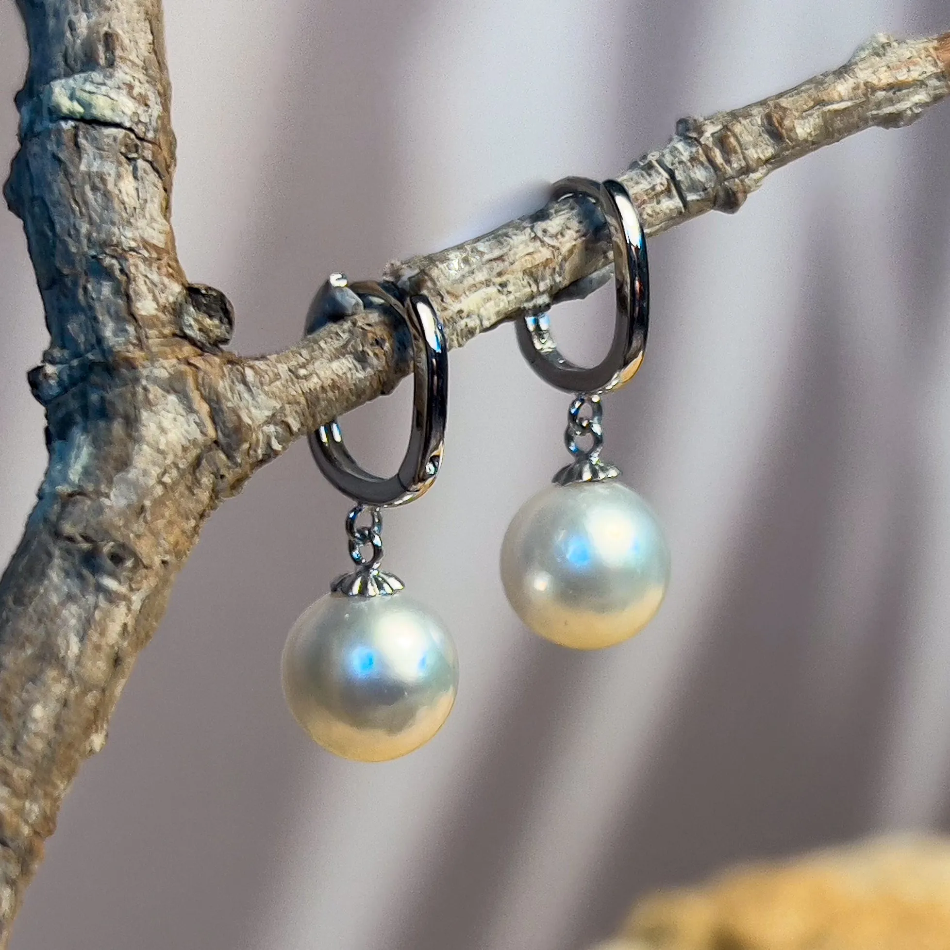 18kt White Gold dangling U-shape huggies with 8-8.5mm South Sea Pearls earrings