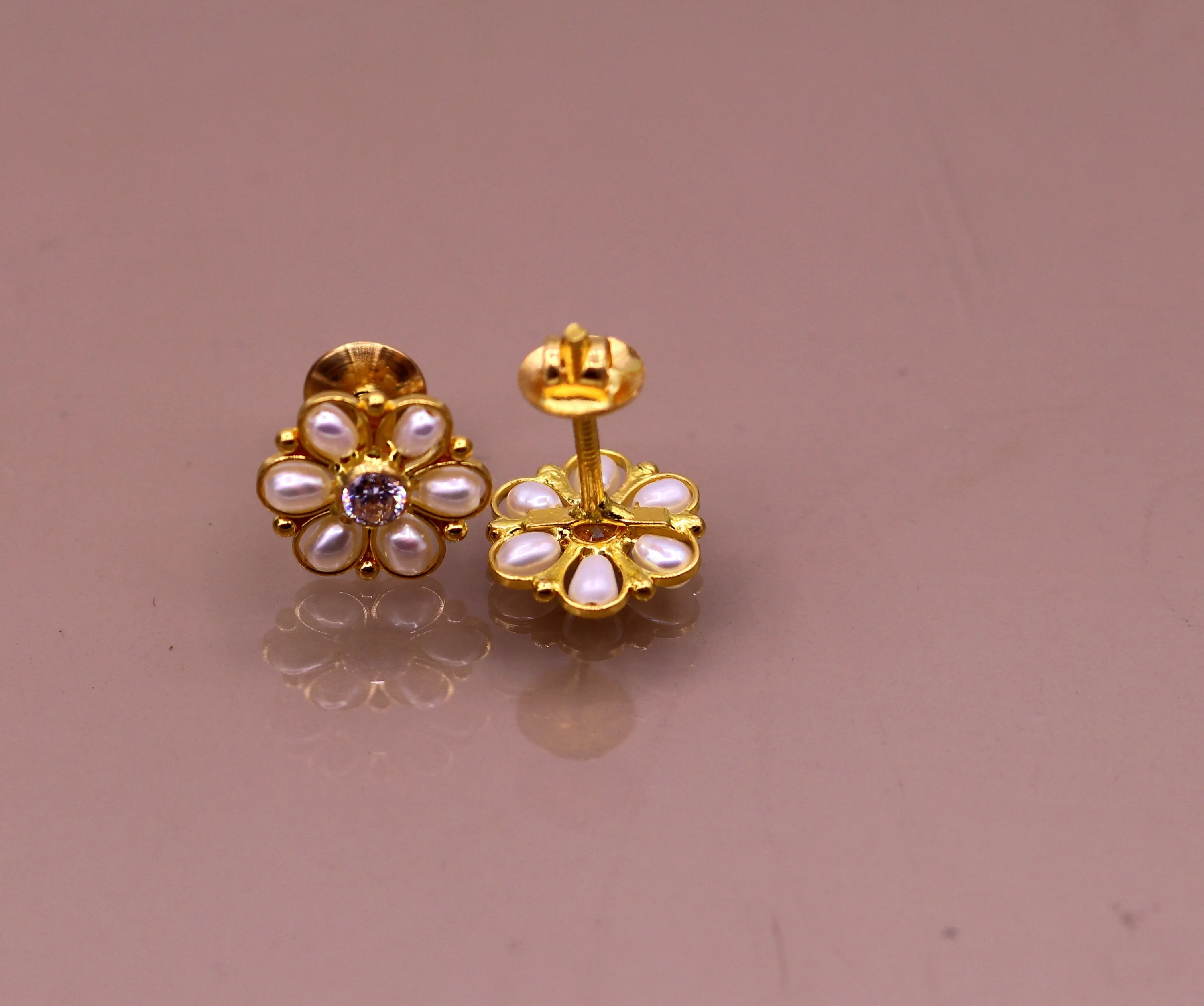 22kt yellow gold handmade stud earrings with fabulous pearl and cubic zircon earrings stylish modern girl's jewelry from india