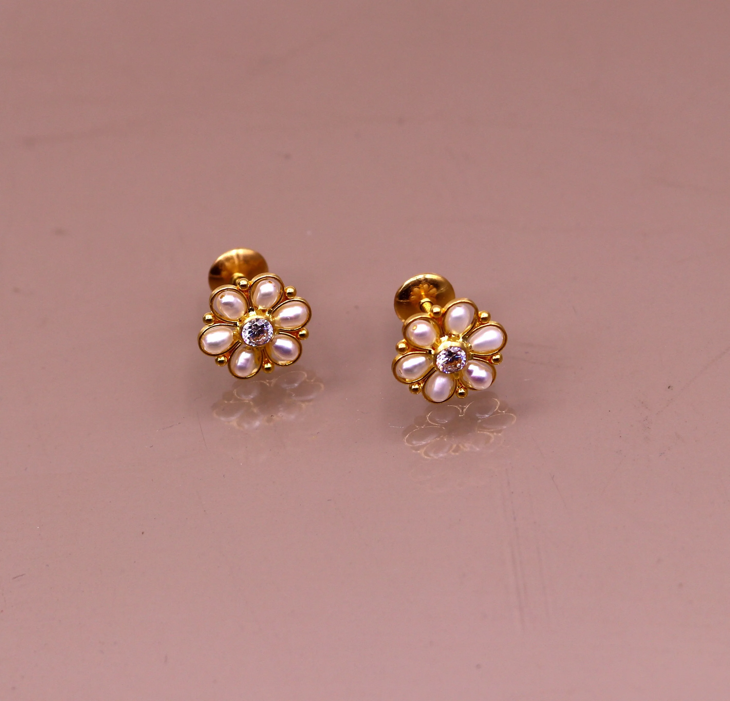 22kt yellow gold handmade stud earrings with fabulous pearl and cubic zircon earrings stylish modern girl's jewelry from india