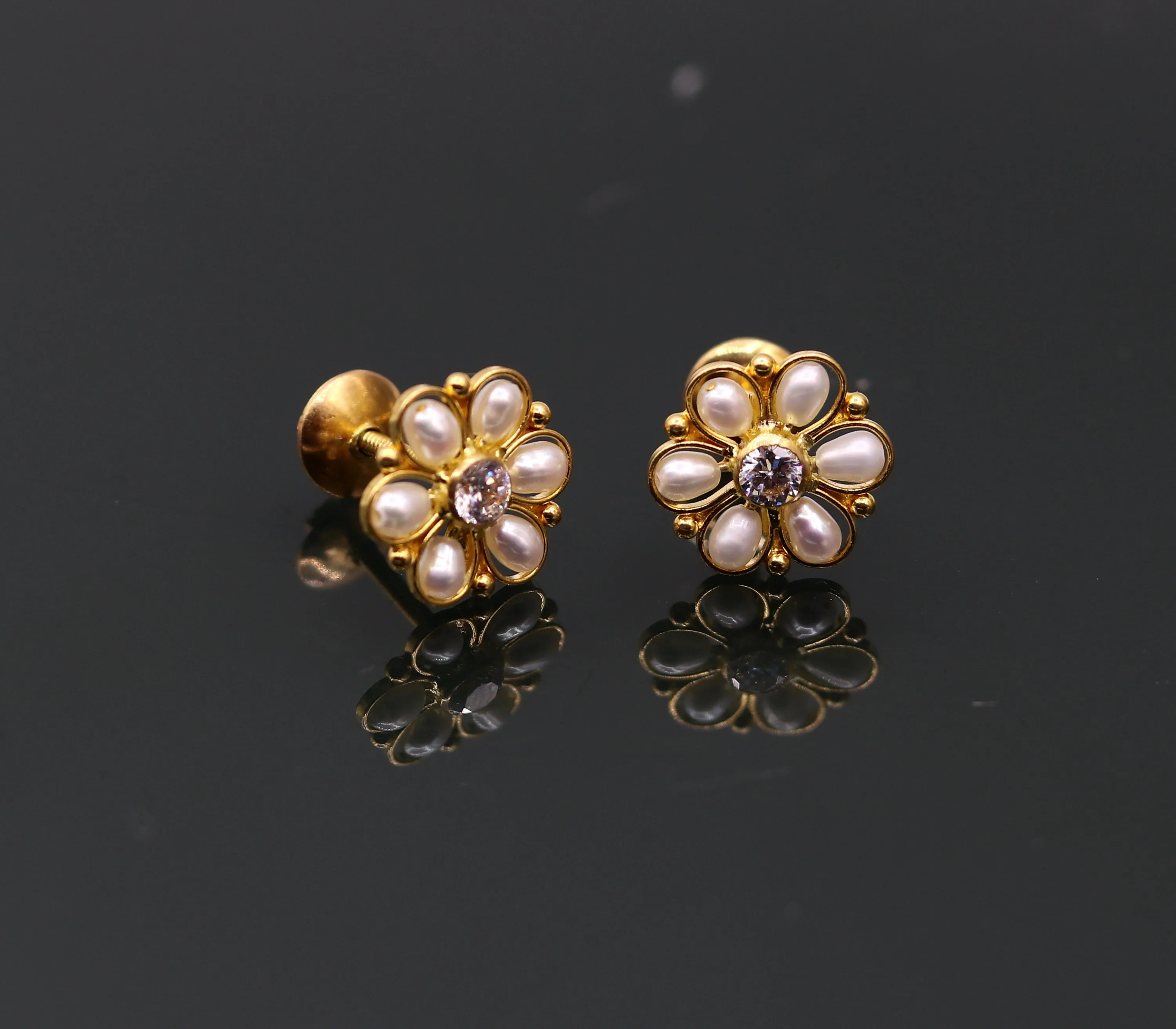 22kt yellow gold handmade stud earrings with fabulous pearl and cubic zircon earrings stylish modern girl's jewelry from india