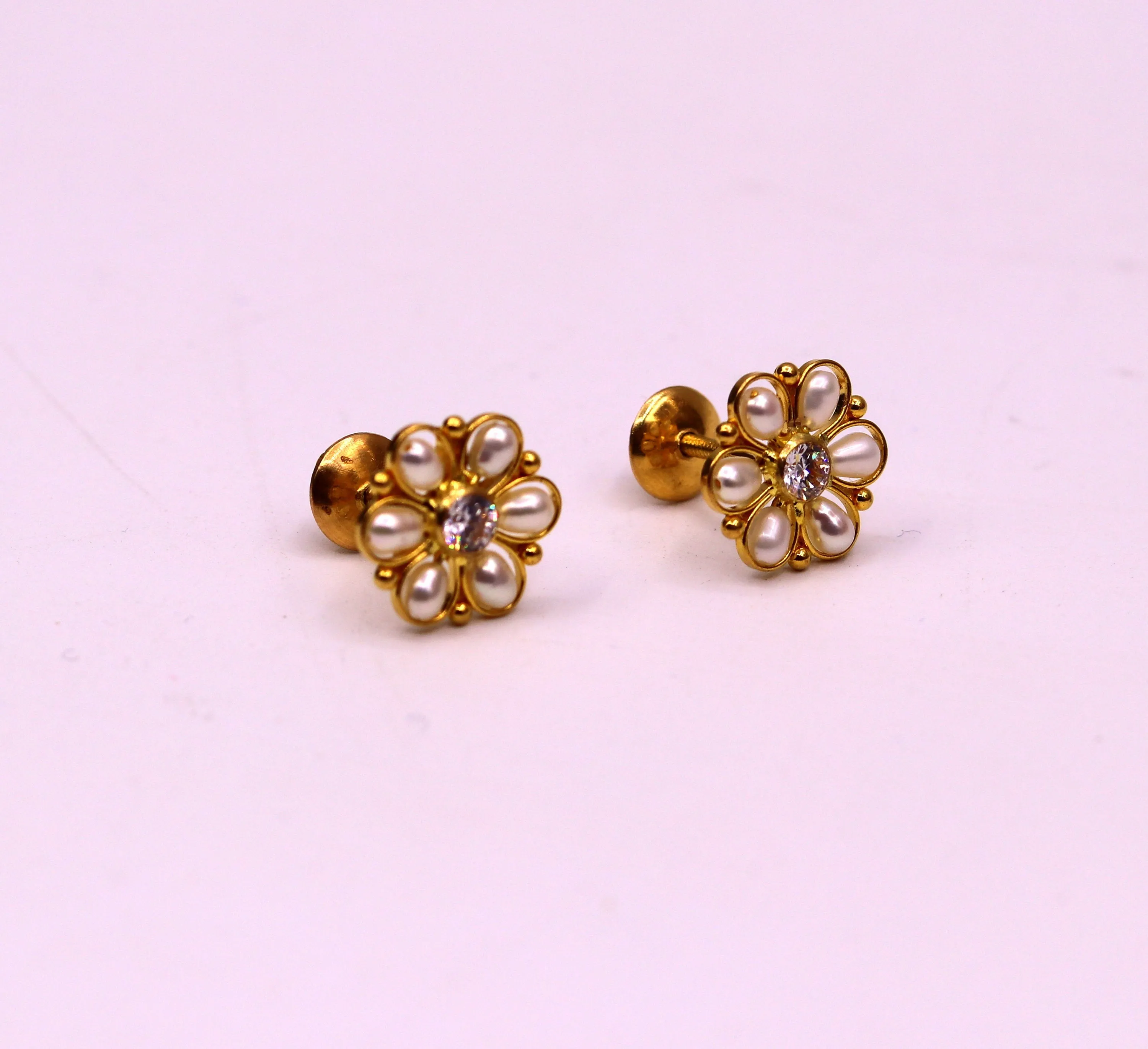22kt yellow gold handmade stud earrings with fabulous pearl and cubic zircon earrings stylish modern girl's jewelry from india