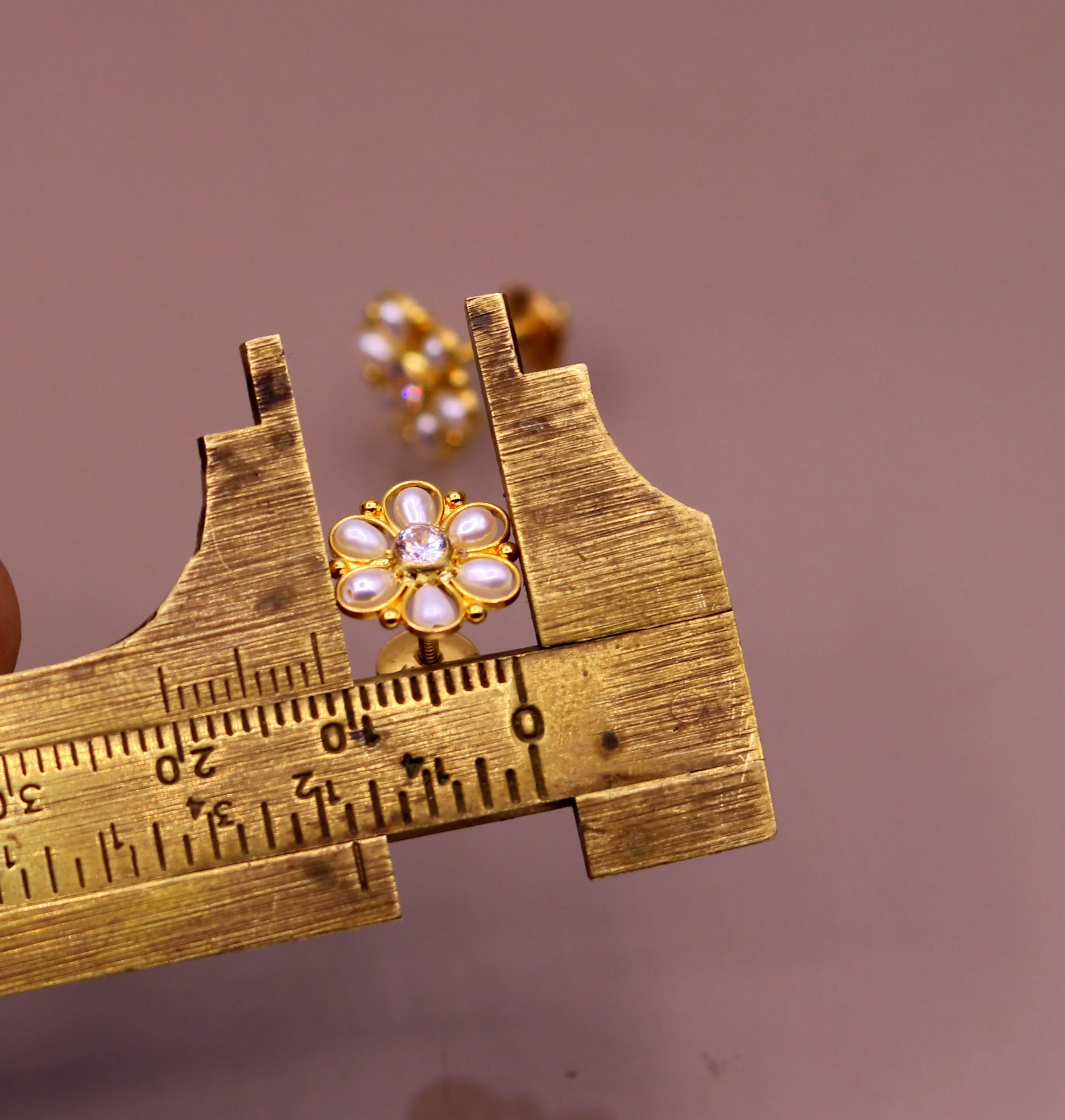 22kt yellow gold handmade stud earrings with fabulous pearl and cubic zircon earrings stylish modern girl's jewelry from india
