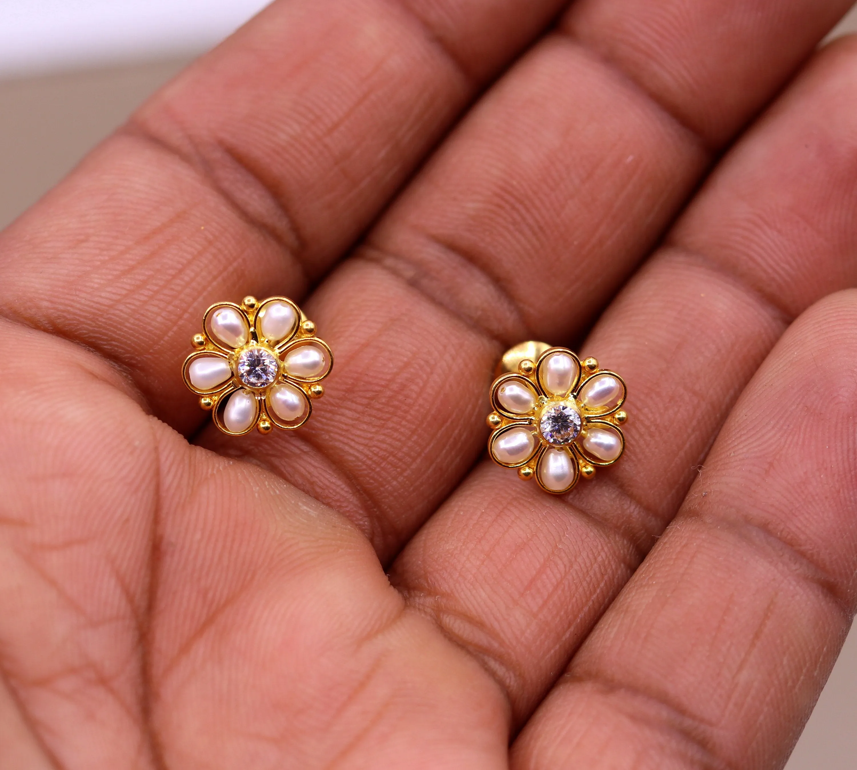 22kt yellow gold handmade stud earrings with fabulous pearl and cubic zircon earrings stylish modern girl's jewelry from india