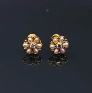 22kt yellow gold handmade stud earrings with fabulous pearl and cubic zircon earrings stylish modern girl's jewelry from india