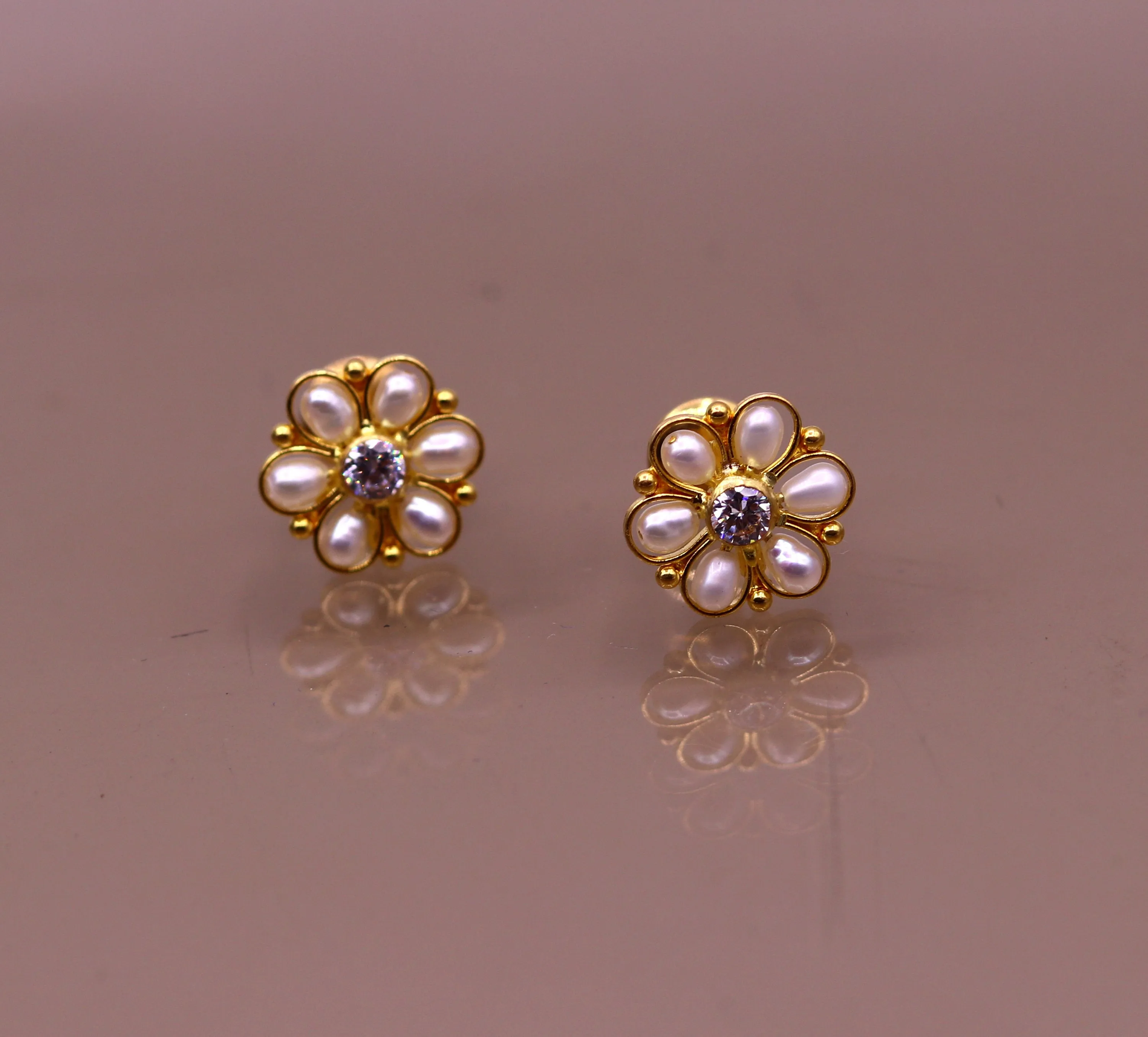 22kt yellow gold handmade stud earrings with fabulous pearl and cubic zircon earrings stylish modern girl's jewelry from india