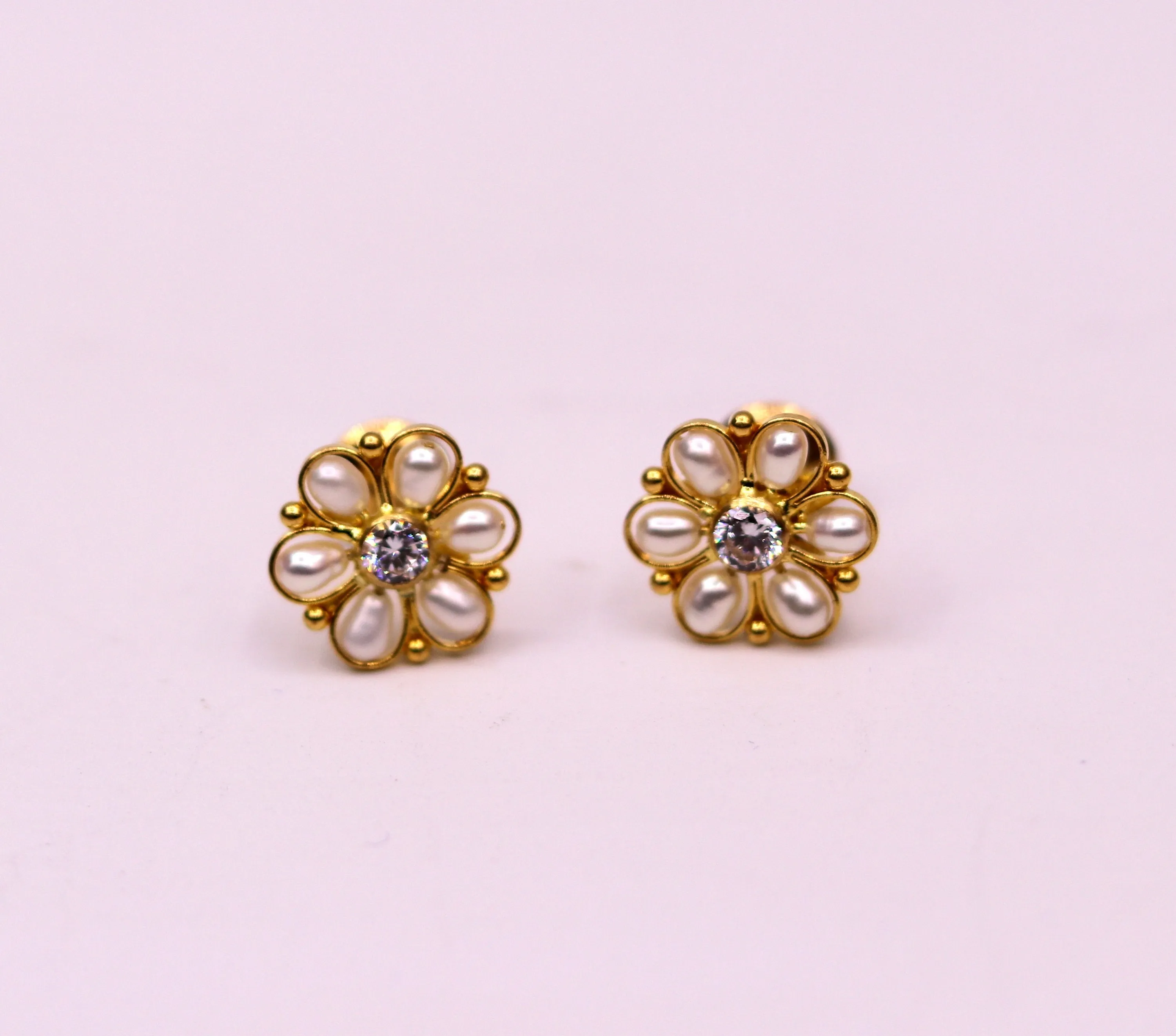 22kt yellow gold handmade stud earrings with fabulous pearl and cubic zircon earrings stylish modern girl's jewelry from india