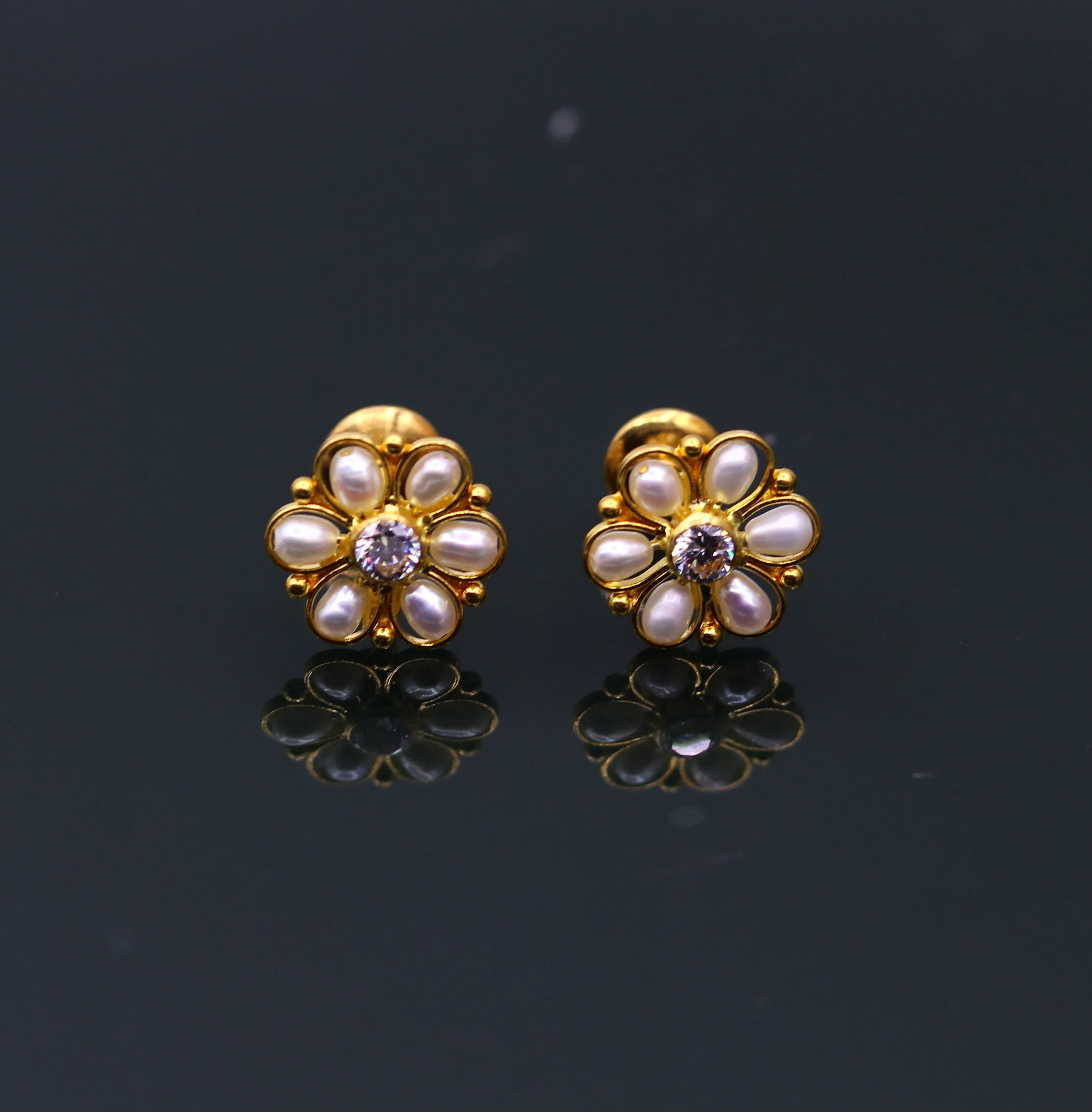 22kt yellow gold handmade stud earrings with fabulous pearl and cubic zircon earrings stylish modern girl's jewelry from india