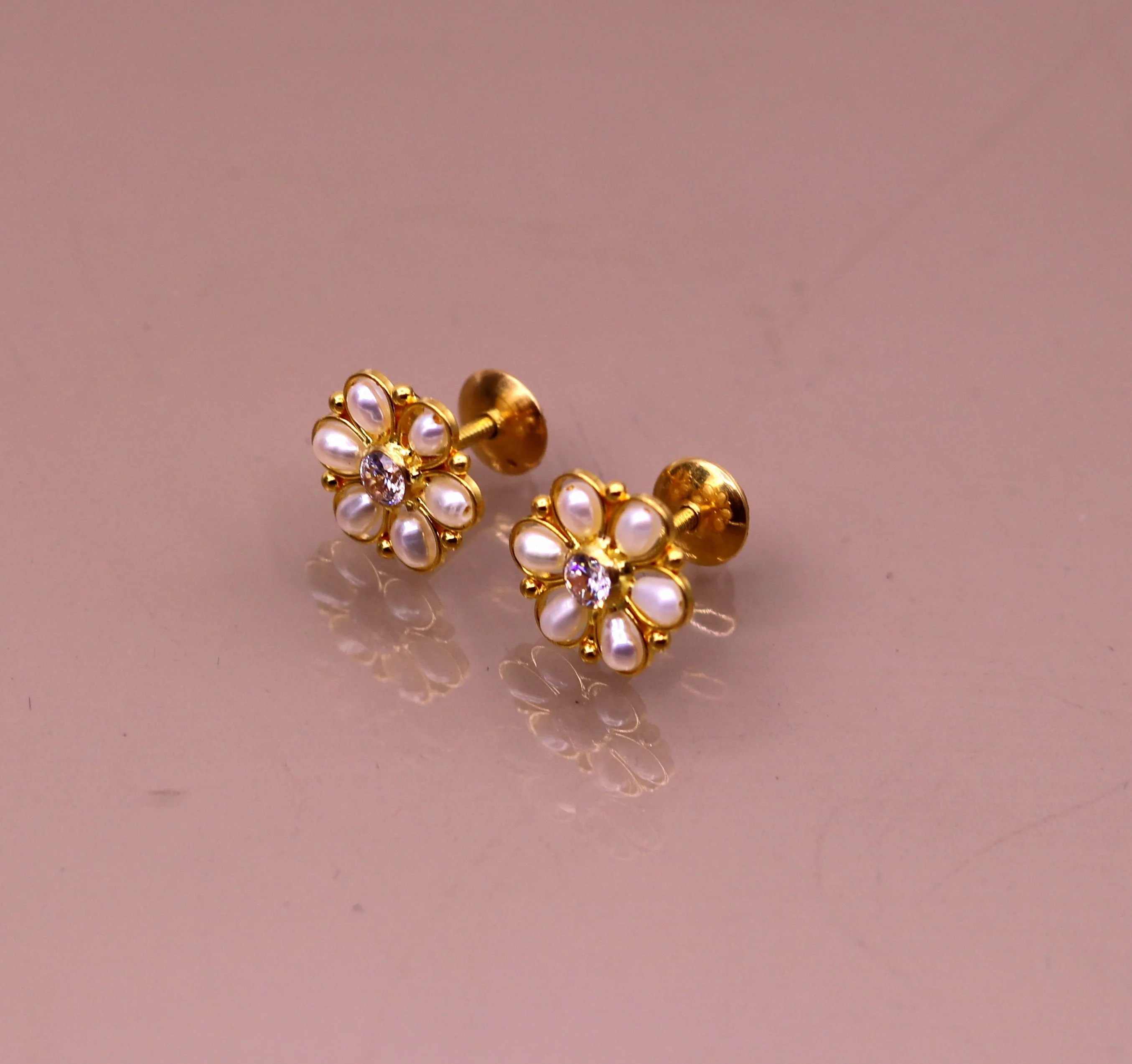 22kt yellow gold handmade stud earrings with fabulous pearl and cubic zircon earrings stylish modern girl's jewelry from india