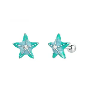 925 Silver Summer Blue Green Starfish Thread Stud Earrings