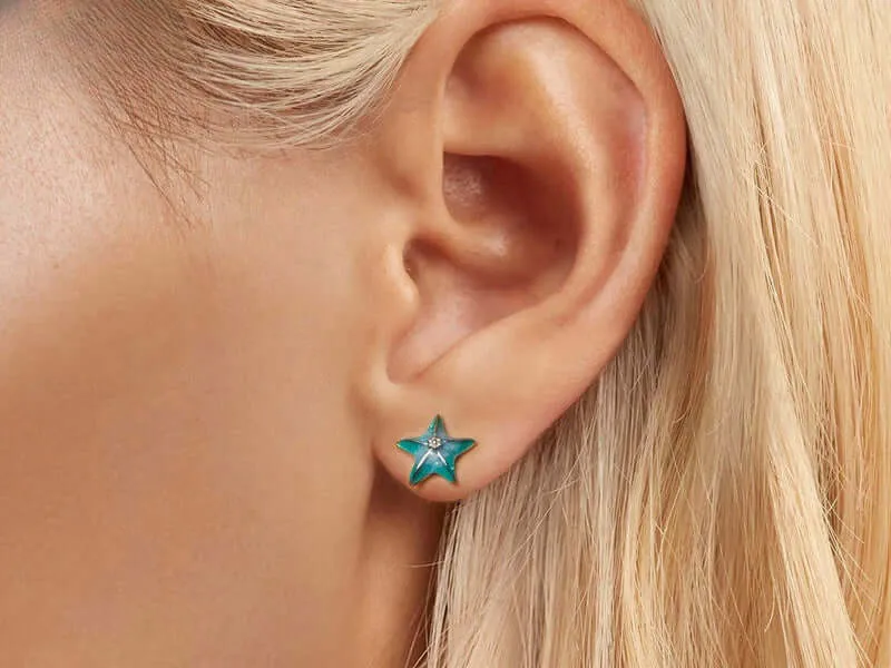 925 Silver Summer Blue Green Starfish Thread Stud Earrings