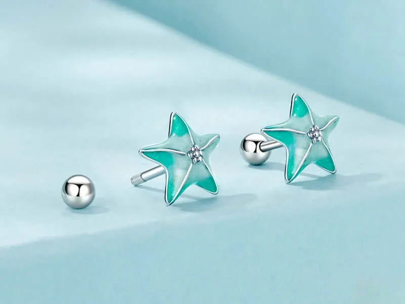 925 Silver Summer Blue Green Starfish Thread Stud Earrings