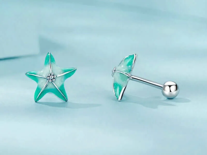 925 Silver Summer Blue Green Starfish Thread Stud Earrings