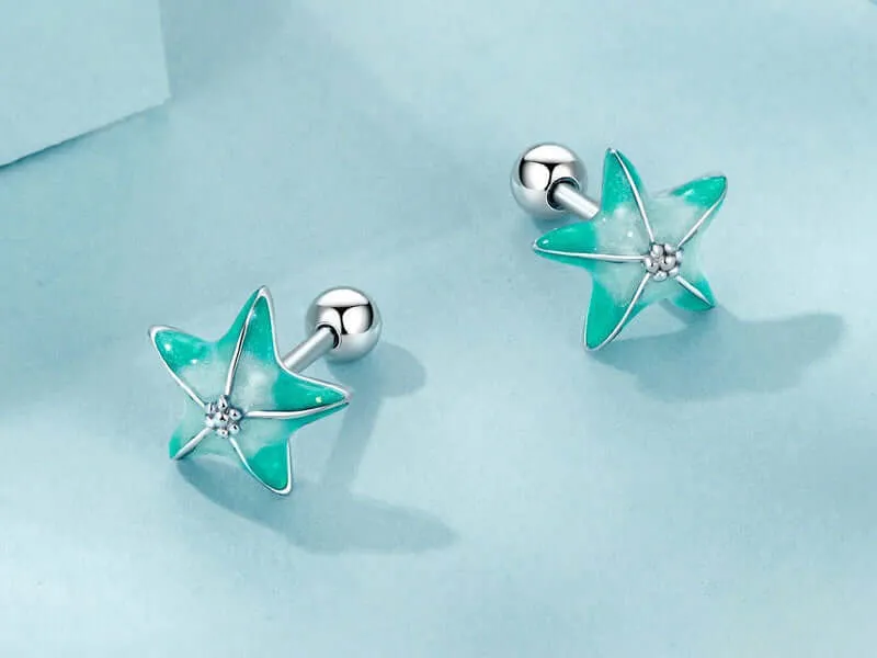 925 Silver Summer Blue Green Starfish Thread Stud Earrings