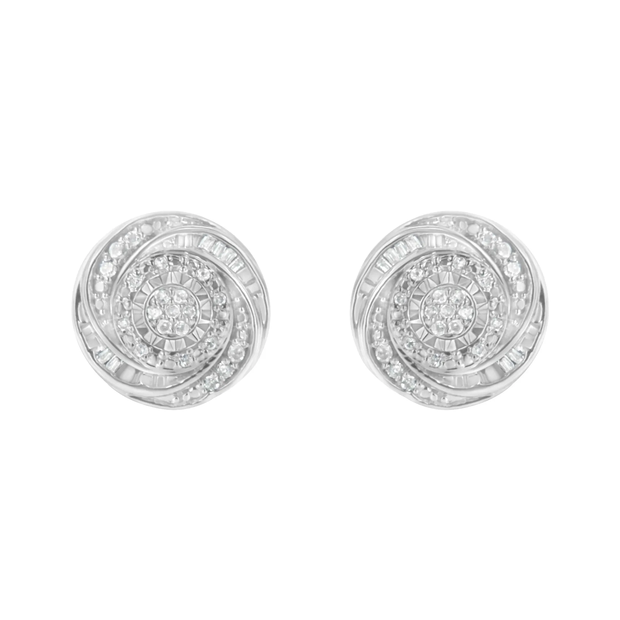 .925 Sterling Silver 1/4 Cttw Baguette and Round Diamond Swirl Love Knot Stud Earrings (I-J Color, I3 Clarity)