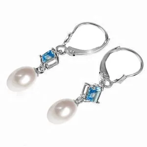 9.5 Carat 14K Whte Gold Measure Your Love Pearl Blue Topaz Earrings