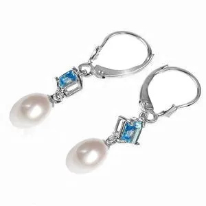 9.5 Carat 14K Whte Gold Measure Your Love Pearl Blue Topaz Earrings