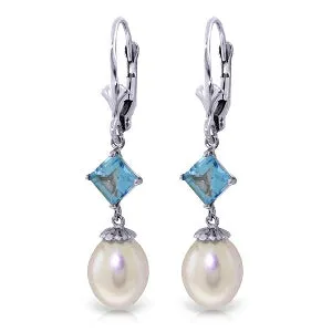 9.5 Carat 14K Whte Gold Measure Your Love Pearl Blue Topaz Earrings