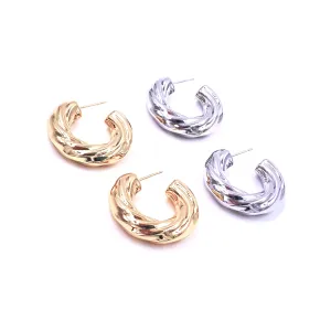 Ashley Gold Stainless Steel Groove Design Twist Puff Hoop Earrings
