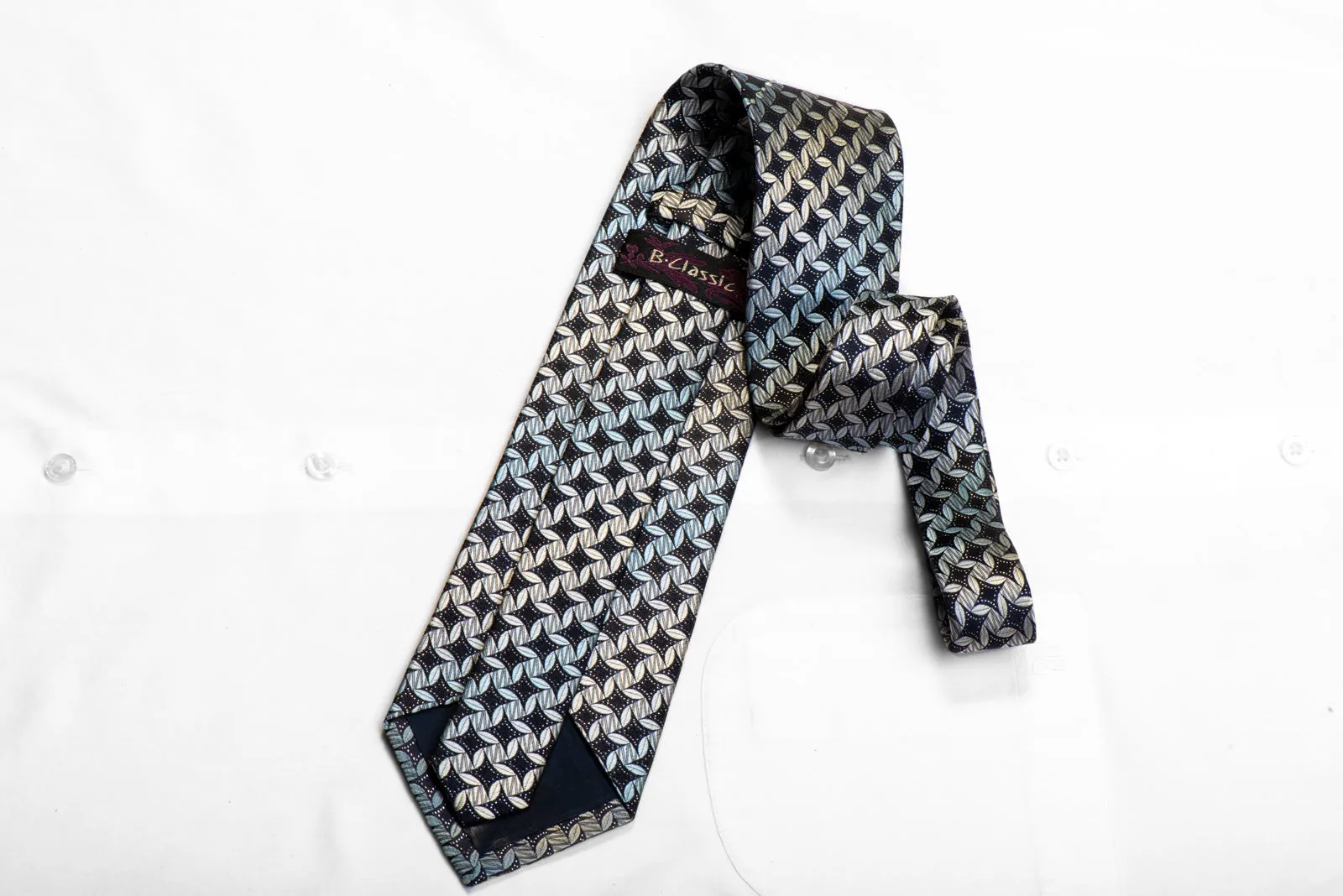 B-Classic Men's Rhinestone Silk Tie Silver Geometric On Navy With Sparkles
