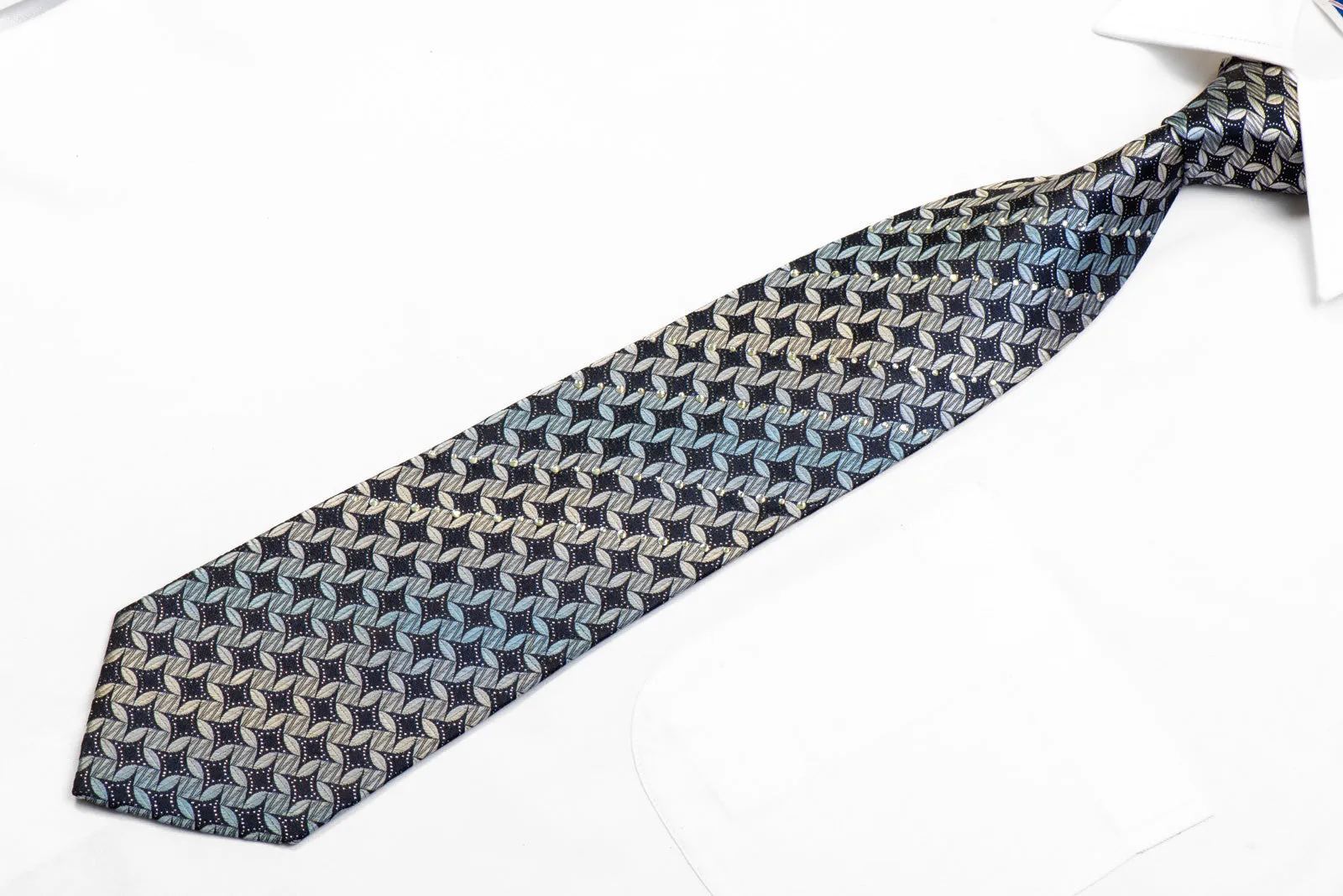 B-Classic Men's Rhinestone Silk Tie Silver Geometric On Navy With Sparkles