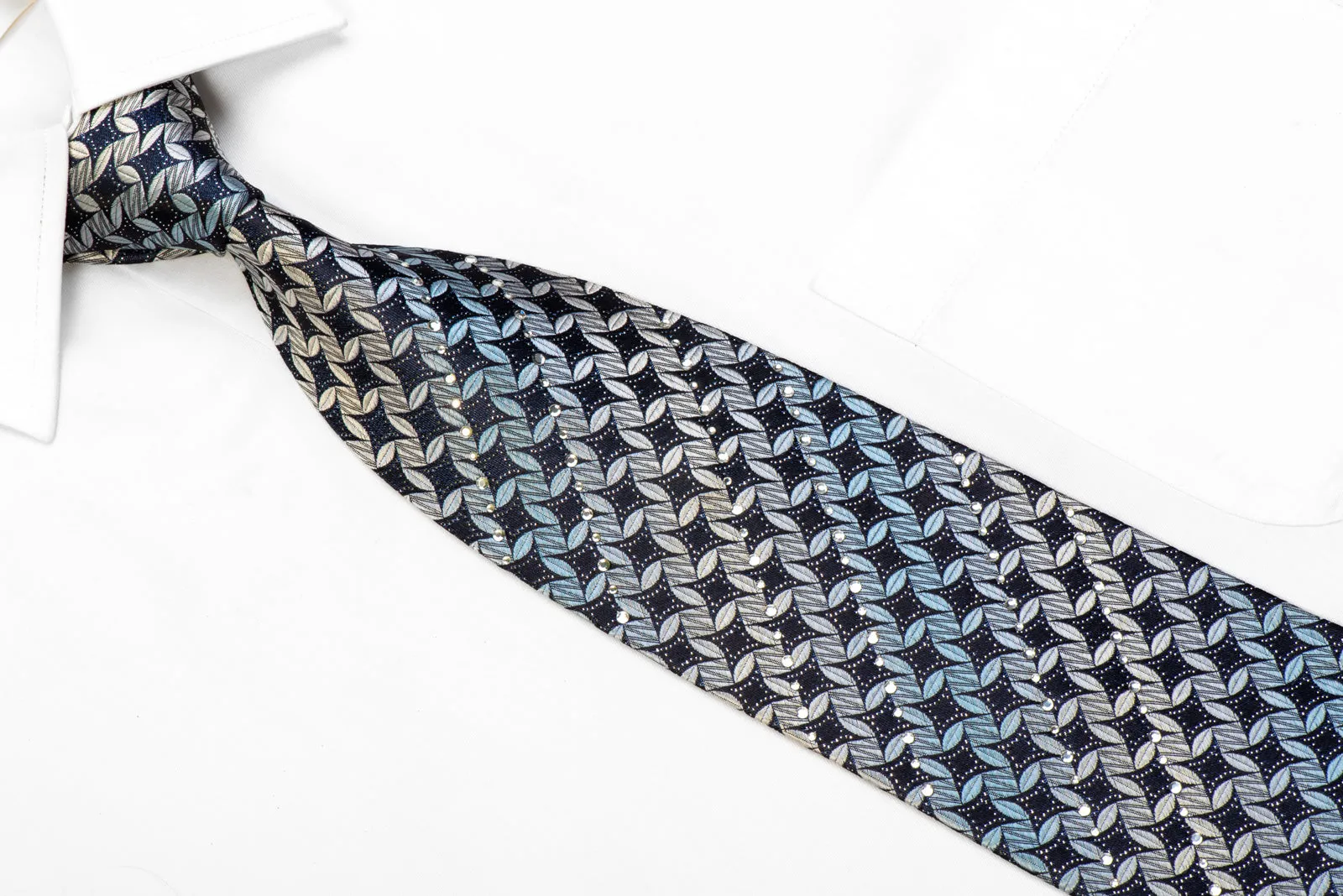 B-Classic Men's Rhinestone Silk Tie Silver Geometric On Navy With Sparkles