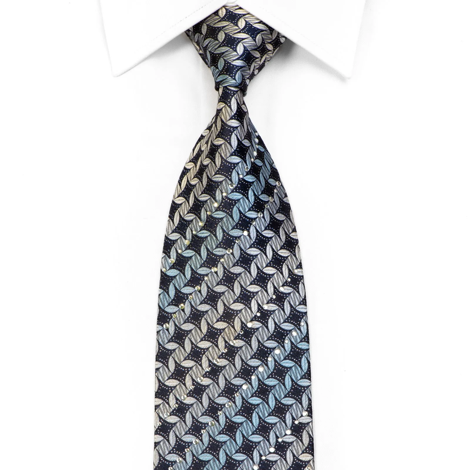 B-Classic Men's Rhinestone Silk Tie Silver Geometric On Navy With Sparkles