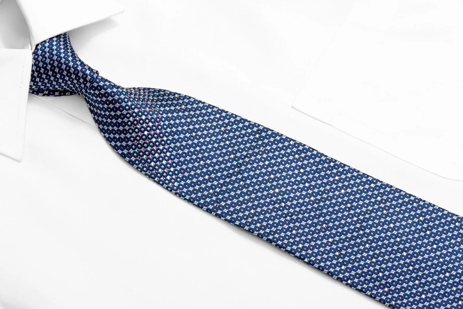 Blue Geometric On Silver Rhinestone Silk Necktie With Silver Sparkles