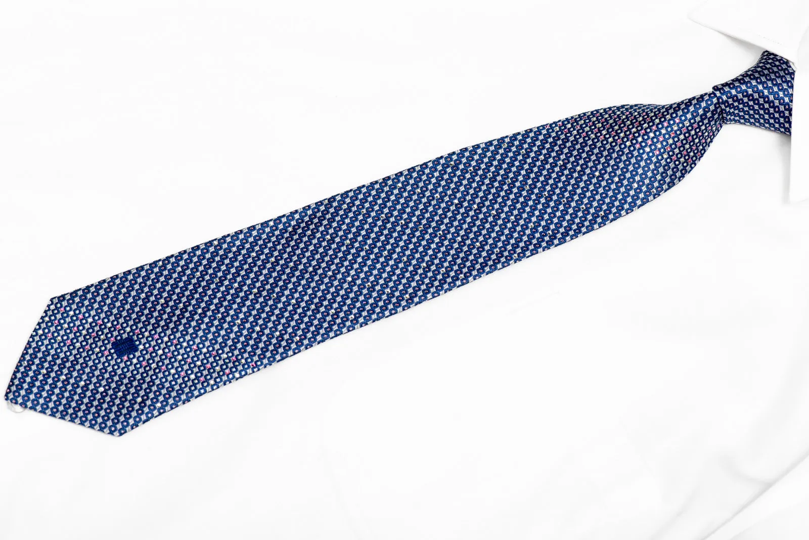 Blue Geometric On Silver Rhinestone Silk Necktie With Silver Sparkles