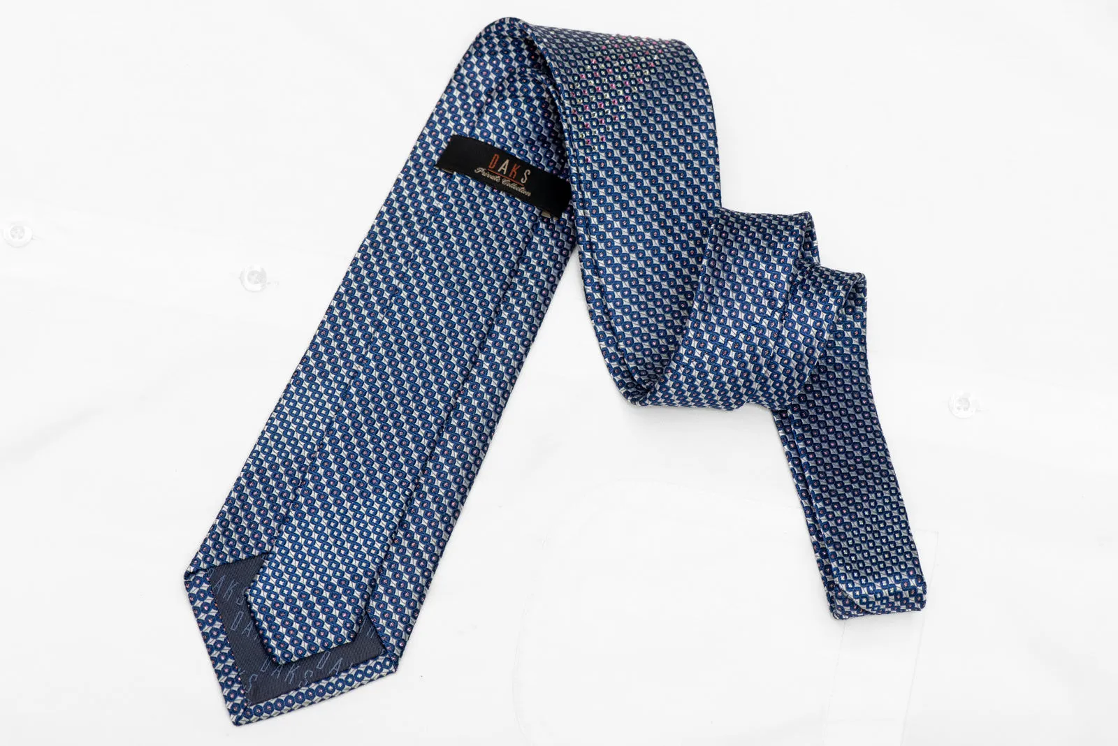 Blue Geometric On Silver Rhinestone Silk Necktie With Silver Sparkles