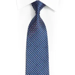 Blue Geometric On Silver Rhinestone Silk Necktie With Silver Sparkles