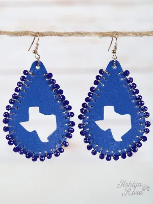 Blue Leather Teardrop Texas Cutout Earrings, Gold