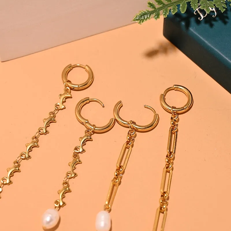 Boho Earrings, Dangle Earrings, Peal with Gold Chain