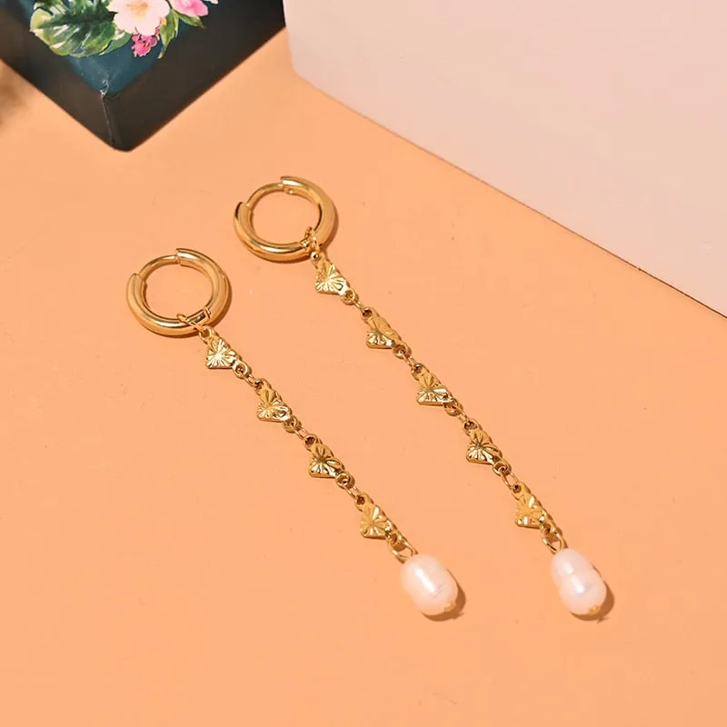 Boho Earrings, Dangle Earrings, Peal with Gold Chain