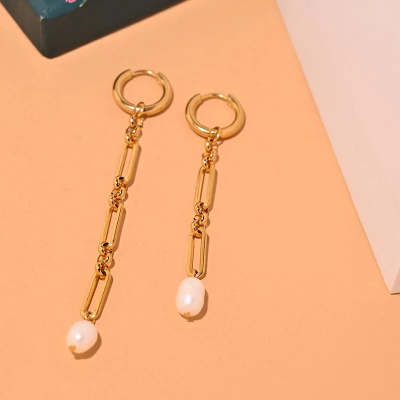 Boho Earrings, Dangle Earrings, Peal with Gold Chain