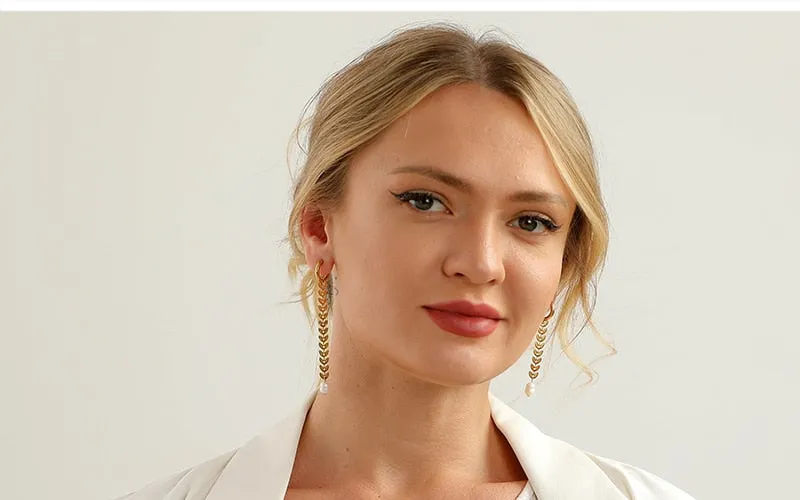Boho Earrings, Dangle Earrings, Peal with Gold Chain