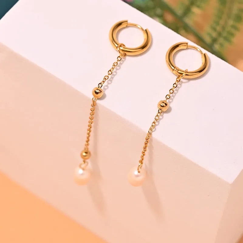Boho Earrings, Dangle Earrings, Peal with Gold Chain
