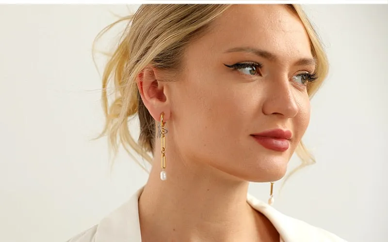 Boho Earrings, Dangle Earrings, Peal with Gold Chain