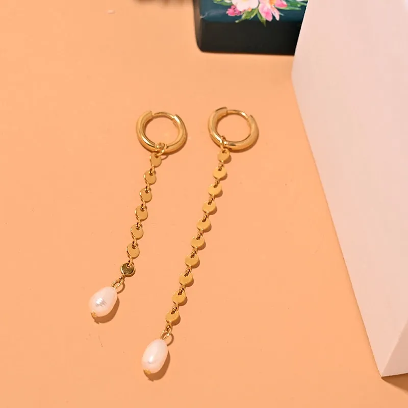 Boho Earrings, Dangle Earrings, Peal with Gold Chain