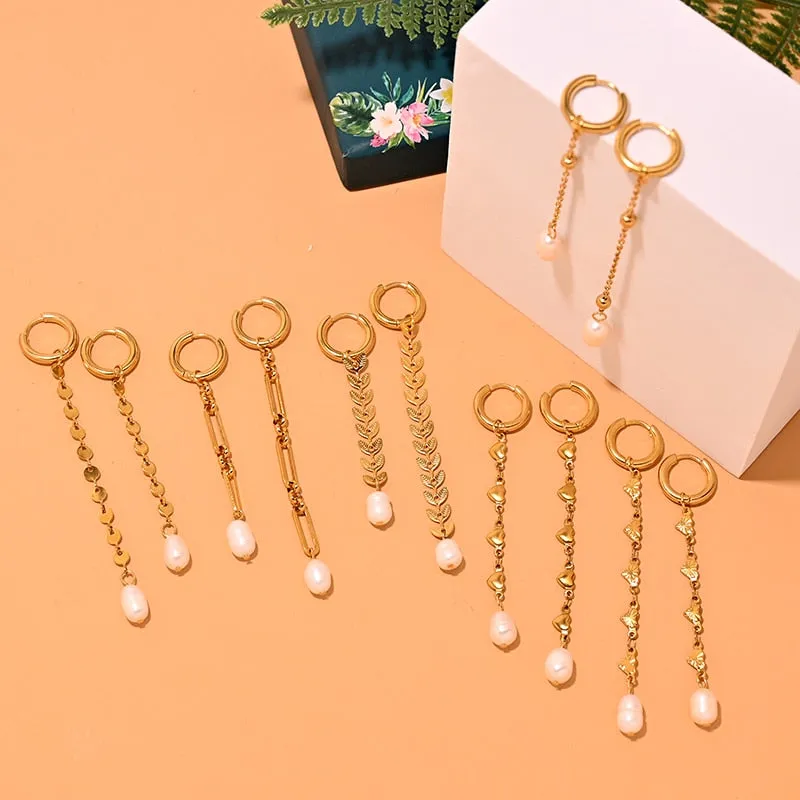 Boho Earrings, Dangle Earrings, Peal with Gold Chain