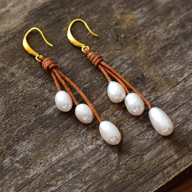 Boho Earrings, Dangle Earrings, Rope White Peal