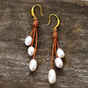 Boho Earrings, Dangle Earrings, Rope White Peal