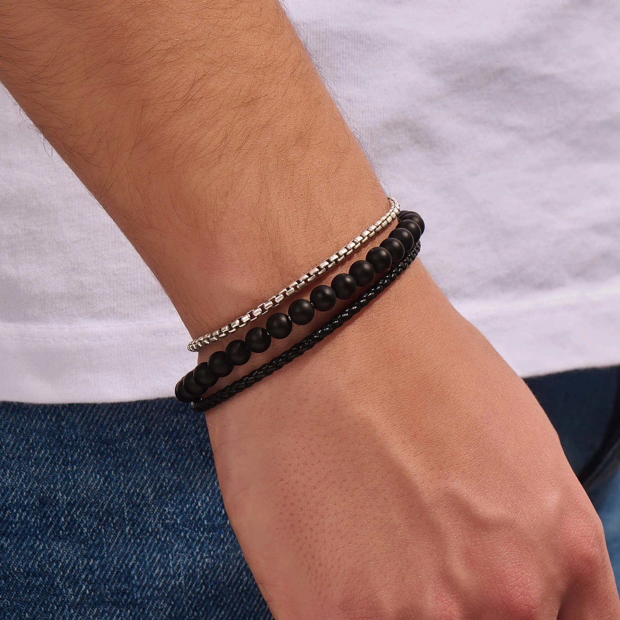 Box Chain Leather & Beaded Wrap Bracelet