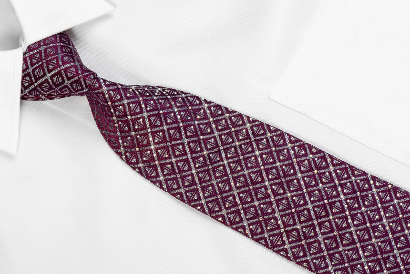 Bruno Baffi Men's Rhinestone Silk Necktie Purple Silver Geometric With Sparkles